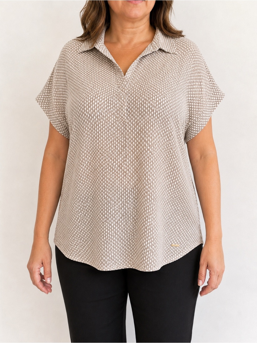 Jones New York Signature Taupe Geometric Collared Top XL